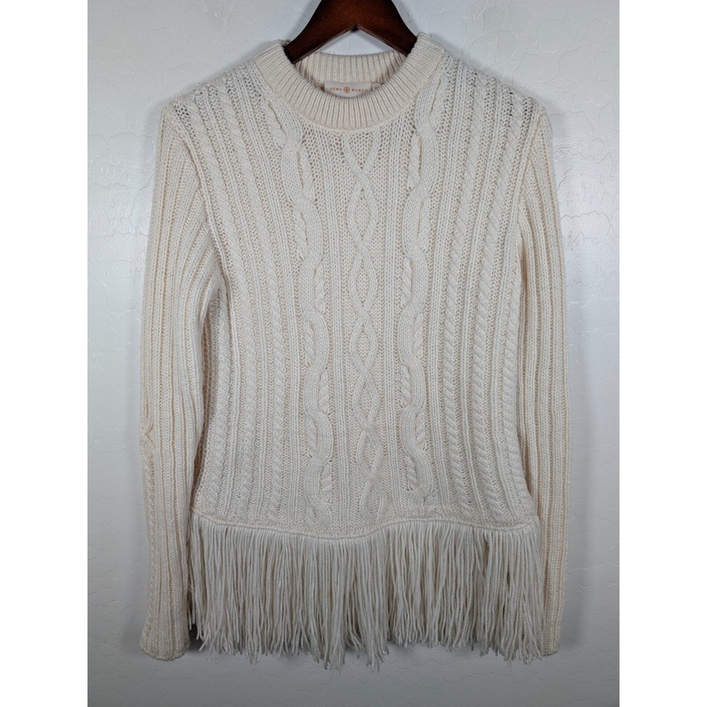 Tory Burch Ivory Cable-Knit Fringe Sweater